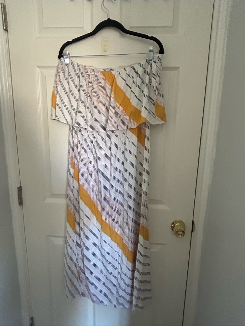 Off-Shoulder Striped Maxi Dress in White & Mustard